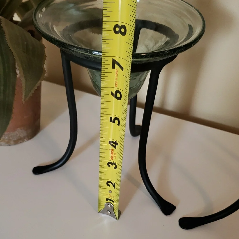 Green-tinted Glass Dishes & Black Metal Stands- Decor/ Candle Holders - Set Of 2